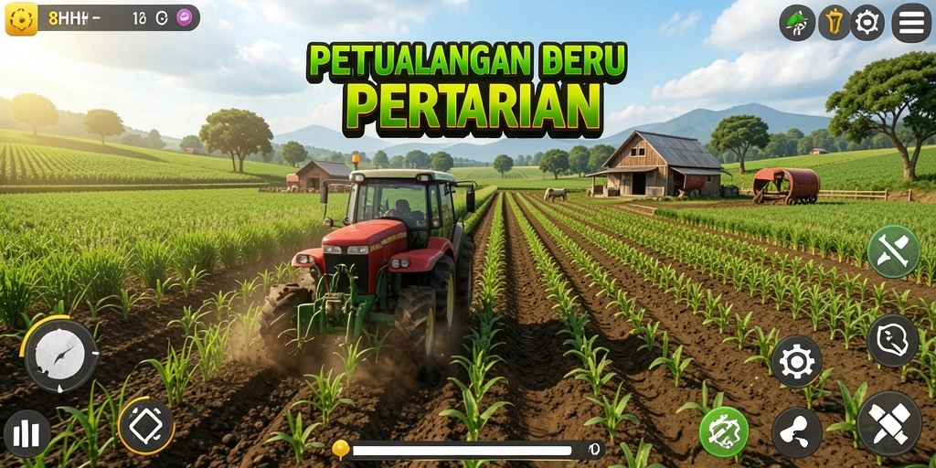 Screenshot utama 8HHH menampilkan petani yang sedang merawat tanaman.