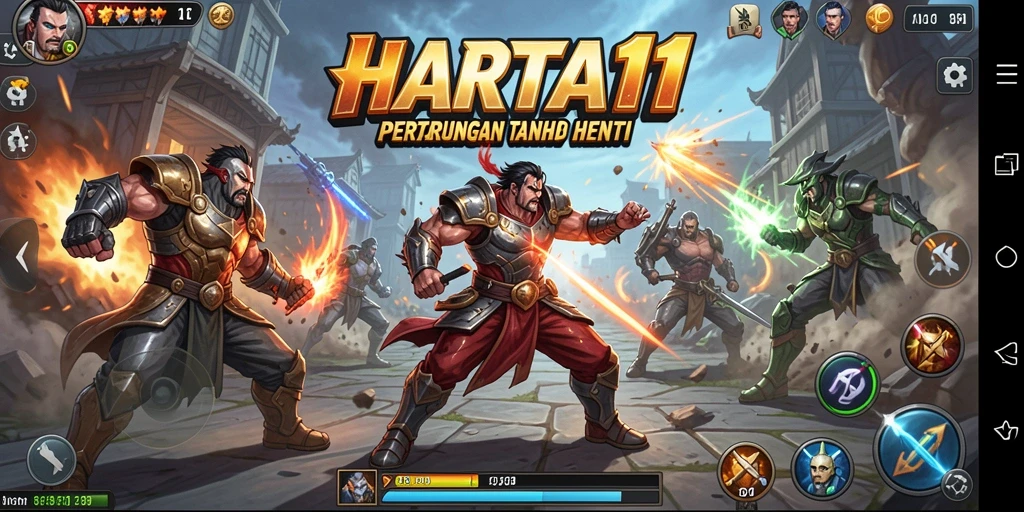Screenshot gameplay HARTA11 menunjukkan pertarungan seru dan karakter yang dinamis.