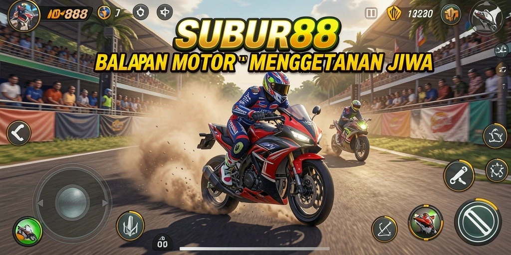 Gameplay seru SUBUR88 dengan balapan motor di trek menantang.