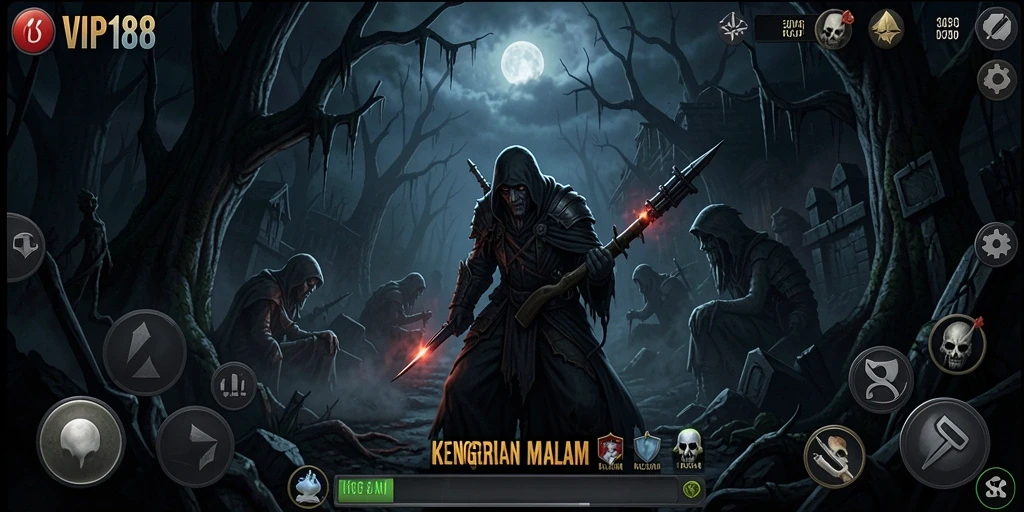 Tampilan gameplay menyeramkan di dunia penuh kegelapan dan makhluk mengerikan.
